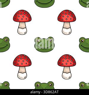 A whimsical vector pattern featuring cheerful green frog faces and iconic red and white spotted mushrooms on a clean white background, perfect for pla Stock Vector