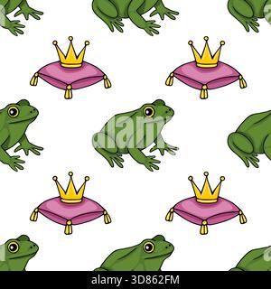 Charming seamless vector pattern featuring green frogs and golden crowns on plush purple cushions, evoking a whimsical fairy tale aesthetic. Stock Vector