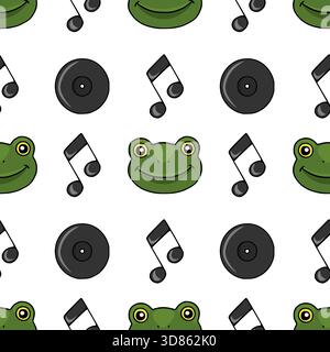 Seamless vector pattern featuring cheerful green frogs and vintage vinyl records interspersed with musical notes. Stock Vector