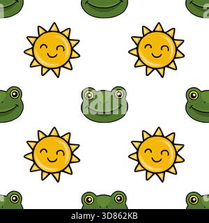 Seamless vector pattern featuring cute smiling frogs and cheerful suns on a white background. Stock Vector