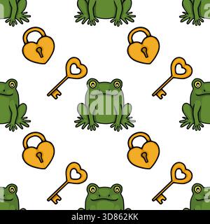Charming vector seamless pattern featuring playful green frogs and golden heart-shaped locks with keys, perfect for whimsical backgrounds. Stock Vector