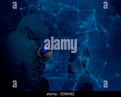 Hooded figure using a smartphone with an AI cloud application on the screen, facing a robotic hand touching a glowing digital interface in a blue cybe Stock Photo
