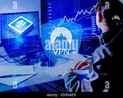 Woman working at a computer with AI processor graphics on a laptop and financial trading charts on a large monitor, overlaid with a glowing VPN shield Stock Photo