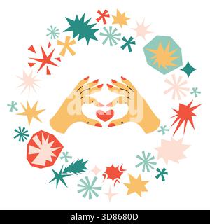 Circular frame with stars and simple geometric elements highlighting a hand gesture forming a heart. A playful flat cartoon Valentine card ideal for l Stock Vector