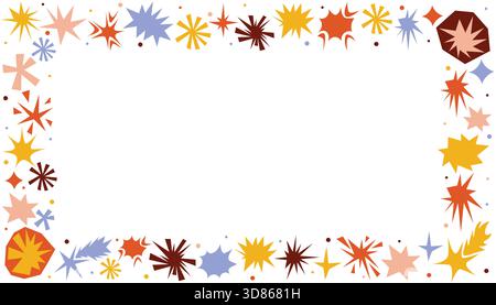 A colorful rectangular frame decorated with irregular stars, dots, and simple geometric elements in a playful collage style. A bright cartoon flat des Stock Vector