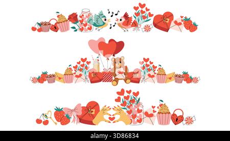 Bright festive still life border featuring teddy bear, rose, songbird, gift box with heart balloon, milkshake, cupcake, strawberry, cherry and heart l Stock Vector