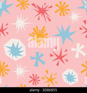 Pastel pink seamless pattern with irregular stars and simple geometric shapes in soft collage cartoon style. Cute background for Happy Birthday wrap, Stock Vector