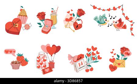 Colorful compositions with Happy Valentines Day elements such as rose, songbird, gift box with heart balloon, milkshake, cupcake, strawberry, cherry a Stock Vector