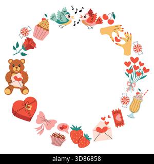 Colorful round frame decorated with Happy Valentines Day elements like songbird, teddy bear, milkshake, cupcake, strawberry, cherry, rose, bow, heart Stock Vector