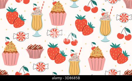 Colorful seamless pattern with Happy Valentines Day elements such as milkshake, strawberry, candy, cherry, cupcake with cherry, chocolate cupcake and Stock Vector