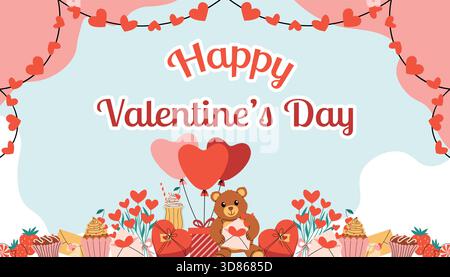 Colorful Happy Valentines Day greeting card with sweet text, organic shapes, heart garlands, teddy bear with heart balloons and gift box, heart gift, Stock Vector