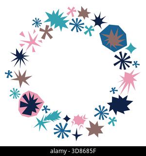Colorful round frame made of irregular stars and simple geometric cut shapes in playful collage style. Bright cartoon flat border for greeting card, p Stock Vector