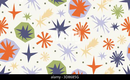 Funny seamless pattern with quirky irregular stars, dots and simple geometric shapes in bright collage cartoon style. Perfect for Happy Birthday wrap, Stock Vector