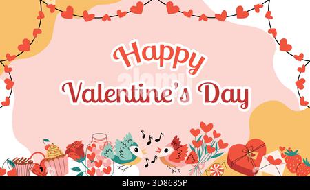 Colorful Happy Valentines Day greeting card with festive text, organic shapes, heart garlands, songbird couple, heart gift box, heart jar, roses, cupc Stock Vector
