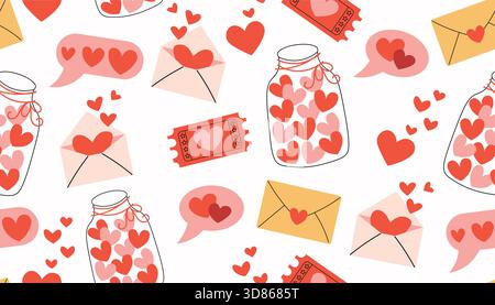 Colorful seamless pattern with cute Valentine elements like heart jar, heart speech bubble, heart ticket and love letter placed in a fun scattered lay Stock Vector