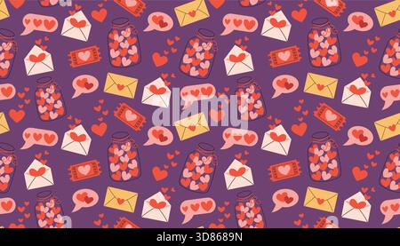 Playful seamless pattern with jar of hearts, heart messages, heart ticket and sweet letter arranged in random composition. Cheerful Valentine backgrou Stock Vector