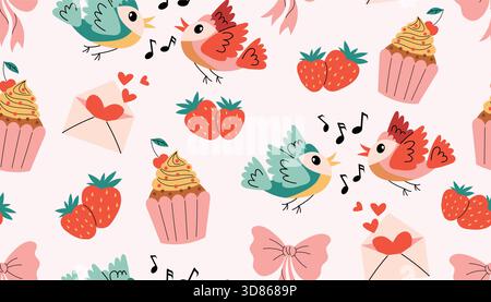 Colorful seamless pattern with cute songbird couple, cupcake with cherry, strawberry and heart letter, tied bow arranged in a playful scattered layout Stock Vector
