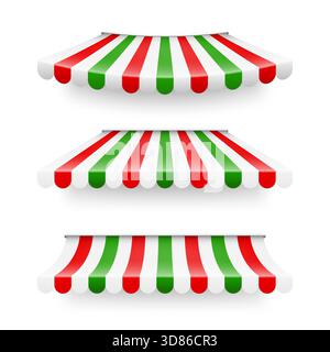 Shop sunshade. Realistic striped cafe awning. Outdoor market tent. Roof canopy in Italian flag colors. Summer street store. Vector illustration Stock Vector