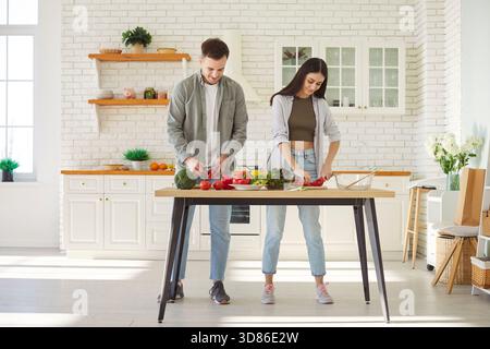 Young couple in love spends time together while preparing breakfast together in bright, cozy kitchen Stock Photo