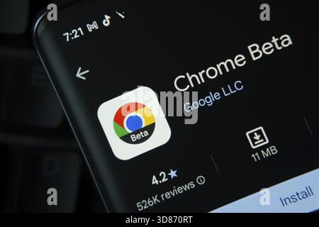 Dhaka, Bangladesh- 27 July 2025: Google Chrome Beta app from Google Playstore is displayed on a smartphone screen Stock Photo