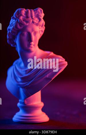 Antique Sculpture Head in Moody Neon Gradient Light Composition Stock Photo