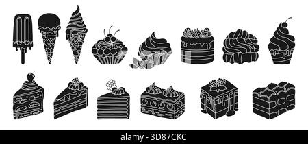 Cakes, pieces of cake and ice cream, different types desserts engraving set. Birthday various slices cakes texture illustration. Sweet holiday bakery art. Vector hand drawn silhouette design Stock Vector