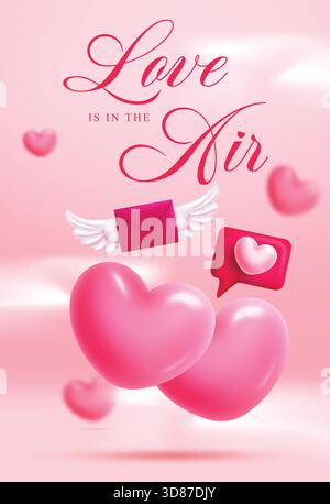 Love Valentine's card clipart poster. Love is in the Air greeting with romantic pink heart and love letter symbol for Valentine's day poster card Stock Vector