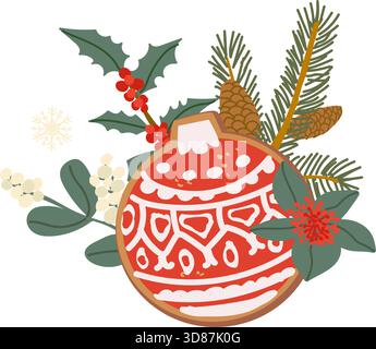 Vector christmas gingerbread bauble cookie and holly berry, snowberry plants, bauble illustration isolated on transparent background. Christmas clipar Stock Vector