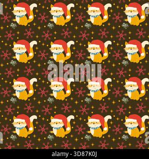 Christmas pattern with forest fox in santa hat. Cute repeat design with festive elements mistletoe and snowflakes. Cute fox in cartoon flat style. Vec Stock Vector