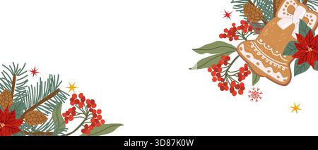 Botanical christmas frame with festive elements. Winter plants cotoneaster, spruce branches and bell cookie with snowflakes. Christmas background with Stock Vector