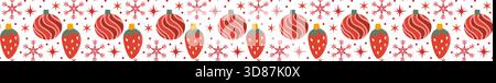Christmas border pattern with festive elements - red strawberry baubles and stars, snowflakes, christmas ornaments, winter icons. Flat vector seamless Stock Vector