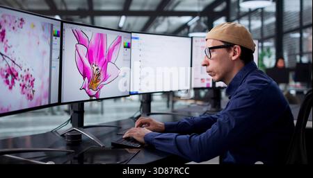 Man Working Late Into The Night As Graphic Designer Professional. Stock Photo