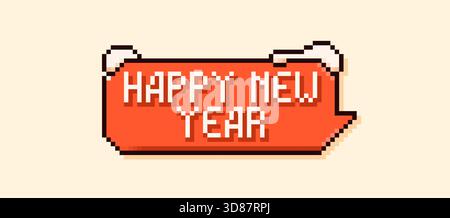 Red pixel art Christmas speech bubble with Happy New Year text and snow piles. Stock Vector