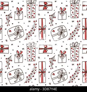 Christmas seamless pattern with hand-drawn various gift boxes and snowflakes. Winter holiday background for birthdays, Valentines Day, winter sales, and the new year. Stock Vector