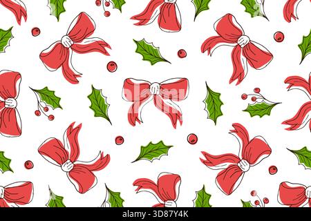 Seamless Christmas pattern with red bows, green holly leaves, and berries. Colorful, vibrant background for festive decorations. For wrapping paper, fabrics, and clothing prints. Stock Vector