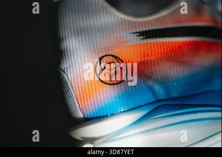 BERLIN, GERMANY, 29. NOVEMBER, 2025: Puma Fast-R Nitro Elite 3 Ekiden close-up on the Puma logo and mesh upper, showcasing new-generation modern super Stock Photo