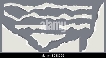 Torn paper with jagged edges on gray background. Pieces of ripped sheets. Notebook fragments for scrapbooking and collage. Retro template with rough Stock Vector