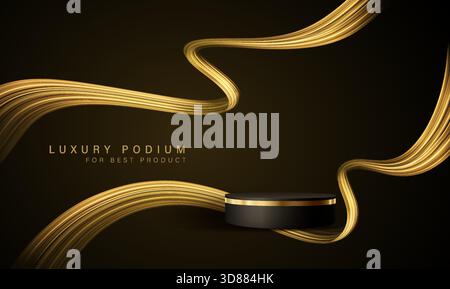 Gold cylinder podium. Golden Luxury Podium in the Dark Room for mockup products, promotion display. Black Studio Scene Background. Vector illustration Stock Vector