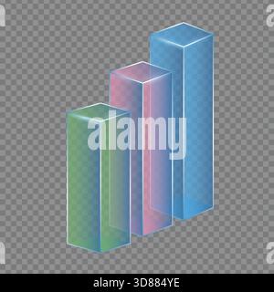 Three Transparent Bar Graphs Showcasing Growth Trends with Different Color Gradients in a Clear, Modern Design on a Checkered Background Stock Vector