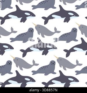 Colorful pattern showcases cute narwhals, smiling seals, and orcas swimming playfully on a white background, perfect for children's decor and apparel. Stock Vector