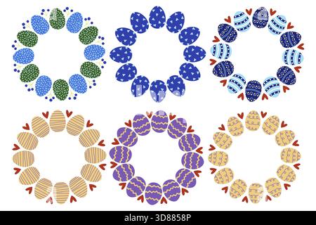Six unique wreath designs showcase vibrant Easter eggs in various patterns and colors. These wreaths capture the festive spirit of spring and Easter c Stock Vector