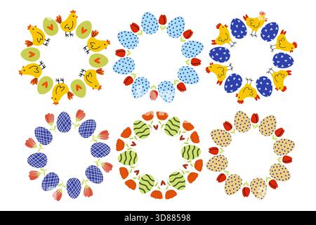 Bright wreaths display cheerful designs of chickens, decorated eggs, and blooming flowers. These vibrant decorations capture the essence of spring fes Stock Vector