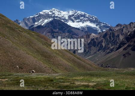 The south facing slope of Mount Aconcagua and its approach, in the Andes Mountains of Argentina, near the border with Chile. Stock Photo