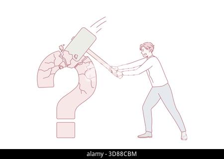 Businessman hold hammer crash huge question mark find business solution to problem. Male employee or worker look for trouble solving, make decision or choice. Vector illustration, cartoon character. Stock Vector