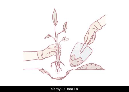 People with shovel plant small tree with roots in ground. Gardener with seedling in hands take care of environment. Gardening and agriculture concept. Environmental change. Vector illustration. Stock Vector