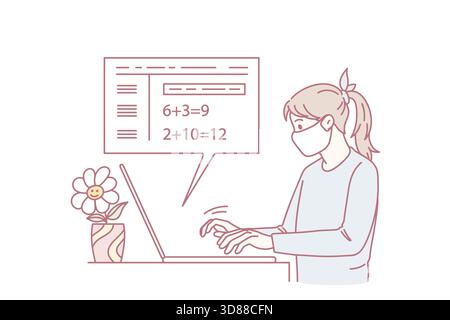 Sick girl in facemask study online on laptop at home quarantine. Ill child learner in facial mask have remote class on computer on lockdown. Distant education, covid-19. Flat vector illustration. Stock Vector