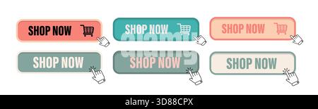 Shop now buttons. Online store link. E commerce vector. Click purchase symbol. Stock Vector