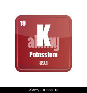 Potassium chemical element tile. Atomic number nineteen. K sign Vector icon. Dark red square shape. Stock Vector
