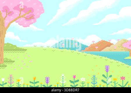 Spring landscape with various flowers and cherry blossom trees and lake on blue sky background with clouds, Pastel tone, Pixel style. Stock Vector