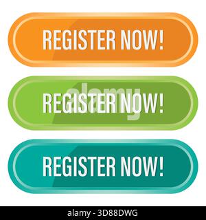 Register button icon. Vibrant action symbol. Register now text. Vector artwork. Stock Vector